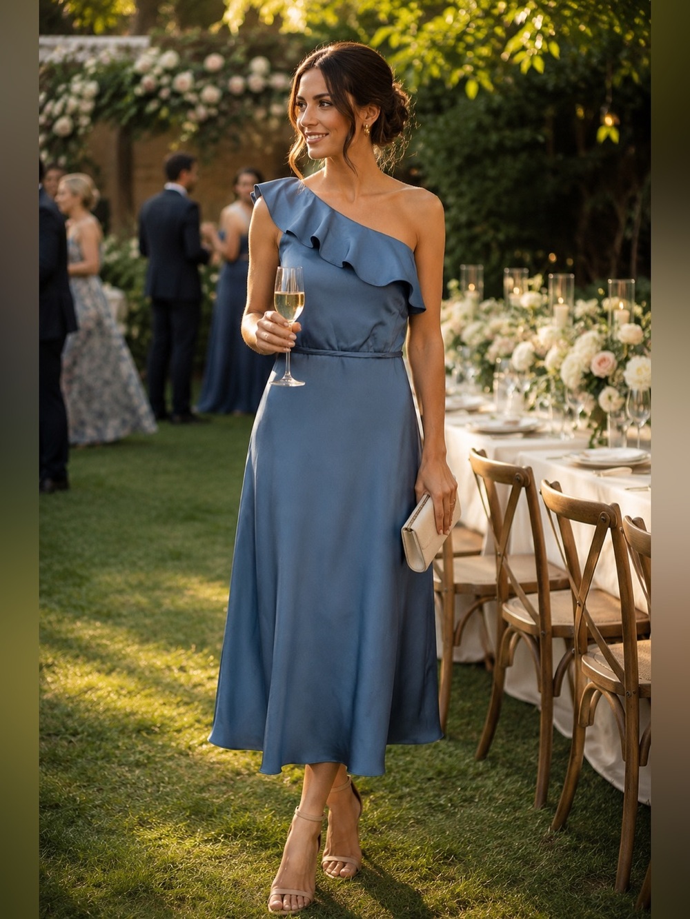 Kennedy Blue Satin One Shoulder Ruffle Midi Dress Size 4 Blue Formal